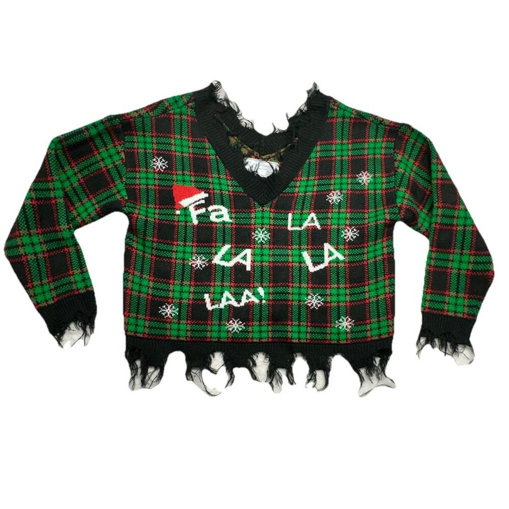 Christmas Sweater Womens Size Large With Love Derek Plaid Crop Off Shoulder